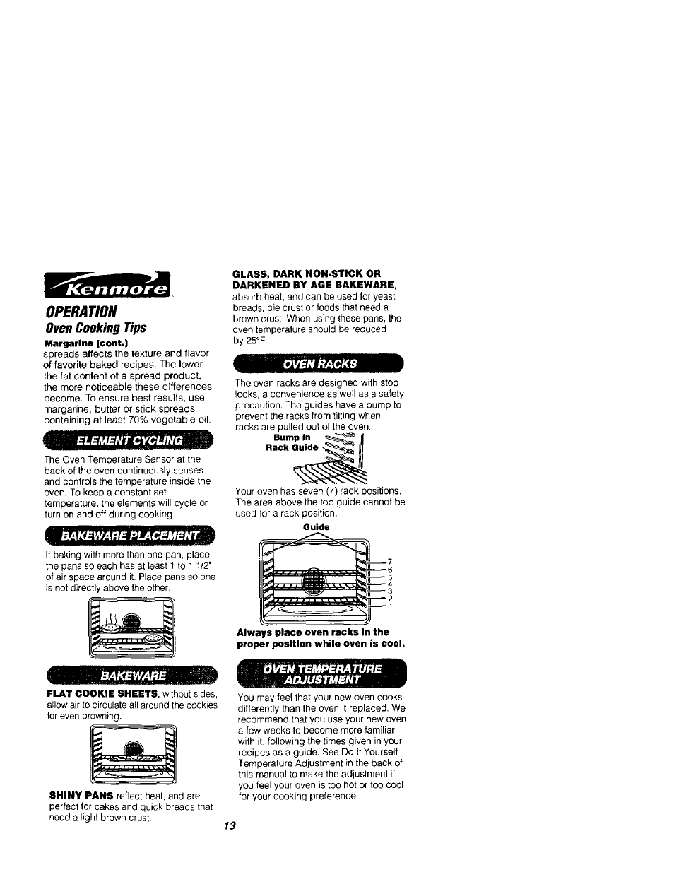 Operation, Oven cooking tips, Am operation | Element cycling, Bakewane placement, Ewabe, Owen backs, Ôventempèbafùbe aújustment | Kenmore 911.41789 User Manual | Page 13 / 28