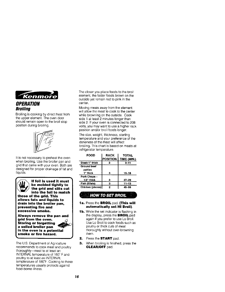 Operation, Broiling | Kenmore 911.41789 User Manual | Page 16 / 28