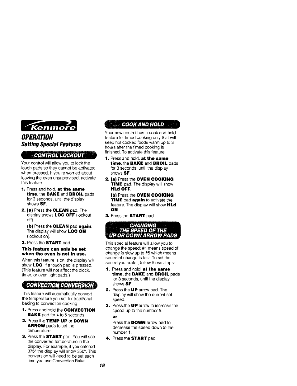 Operawh, Setting special features, Convection cpnvension | Cook and nolo, Changing the speed of the up oft down aftrow pads | Kenmore 911.41789 User Manual | Page 18 / 28