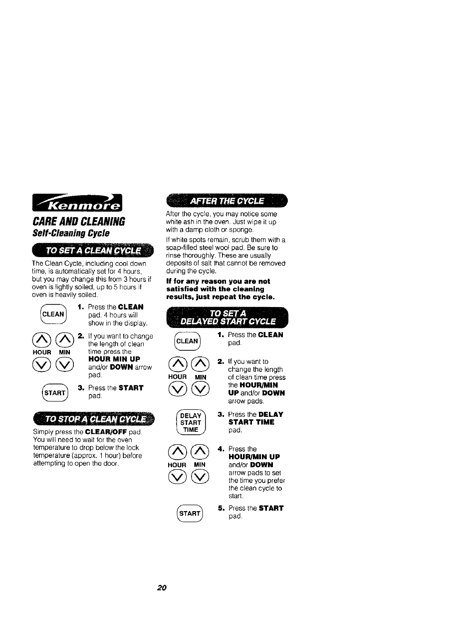 Lluà, Care and cleaning, Self‘cleaning cycle | Lluà care and cleaning, Ro$etact.£anpycle | Kenmore 911.41789 User Manual | Page 20 / 28