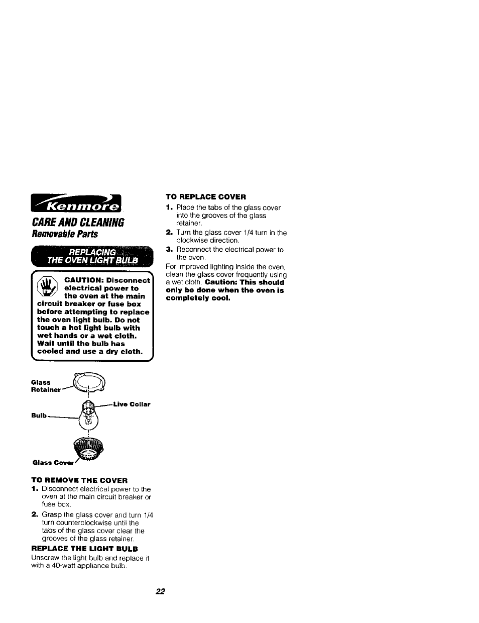 Care and cleahihg removable parts, Care and cleahihg, Replacing the oven mght bul | Kenmore 911.41789 User Manual | Page 22 / 28