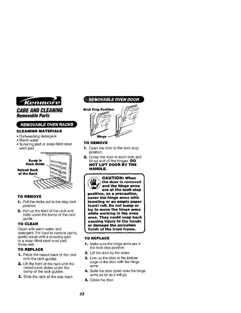 Care and cleaning removable parts, Bèmovablè wèn àoor, Care and cleaning | Removable ovenracks | Kenmore 911.41789 User Manual | Page 23 / 28