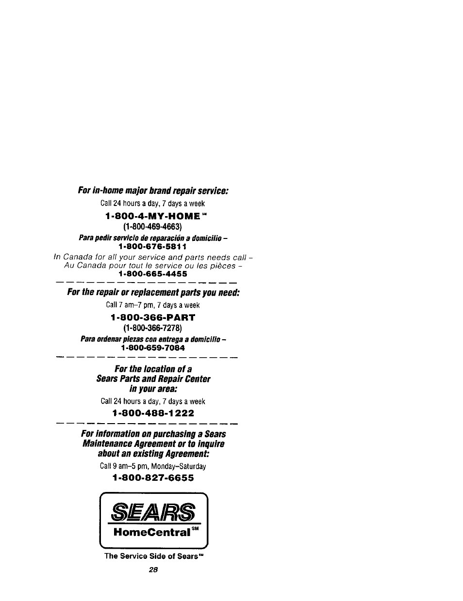 For itt-home major brami repair service, For the repair or replacement parts you neetí, 800-4-my>home | Kenmore 911.41789 User Manual | Page 28 / 28