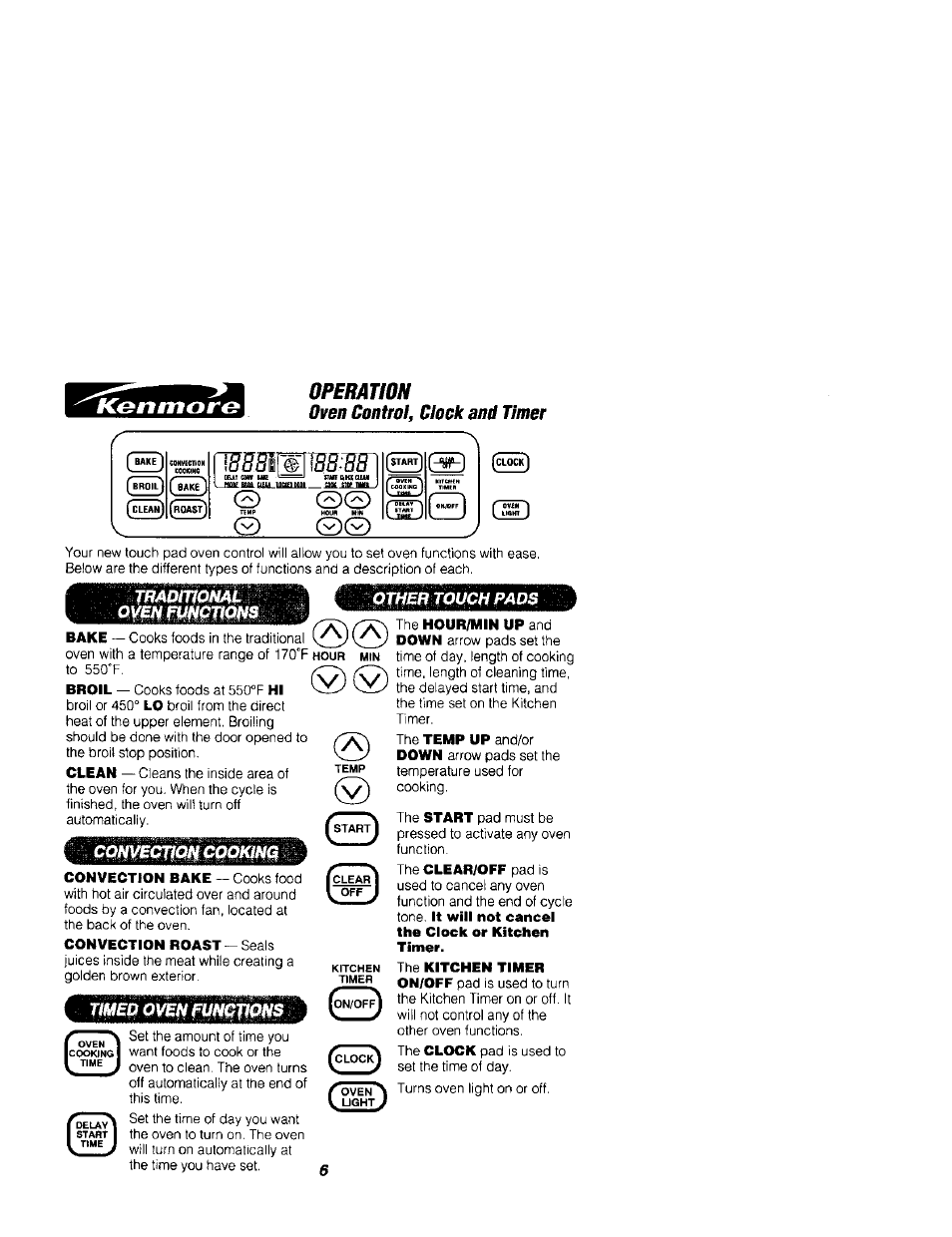 Oven control, clock anú timer, Оревашн, Traditional oven mtf^ctions | Other touch pads | Kenmore 911.41789 User Manual | Page 6 / 28