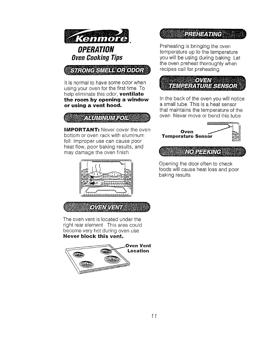 Operatiom, Oven cooking tips, Preheating | J£mm0íáxúbesensór | Kenmore 911.92485 User Manual | Page 11 / 28