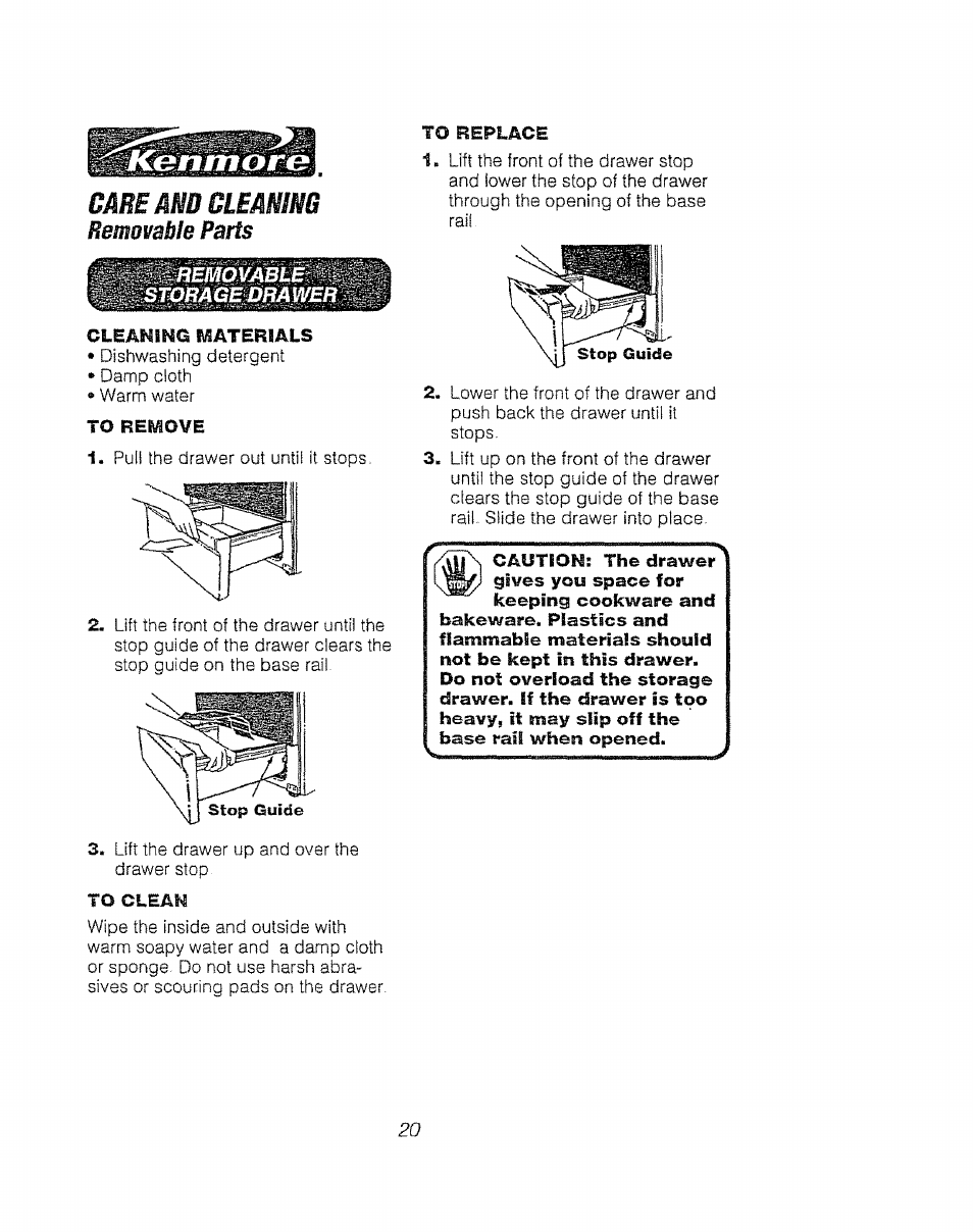 Care and cleanm, Removable parts | Kenmore 911.92485 User Manual | Page 20 / 28