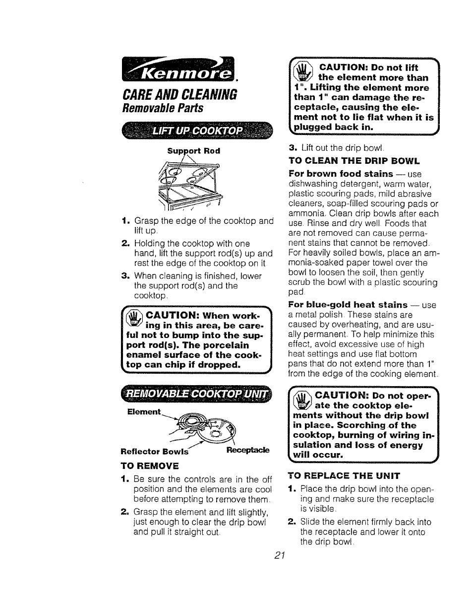 Care and cleaning, Cautioni, Removable parts lift up cooktop | Kenmore 911.92485 User Manual | Page 21 / 28