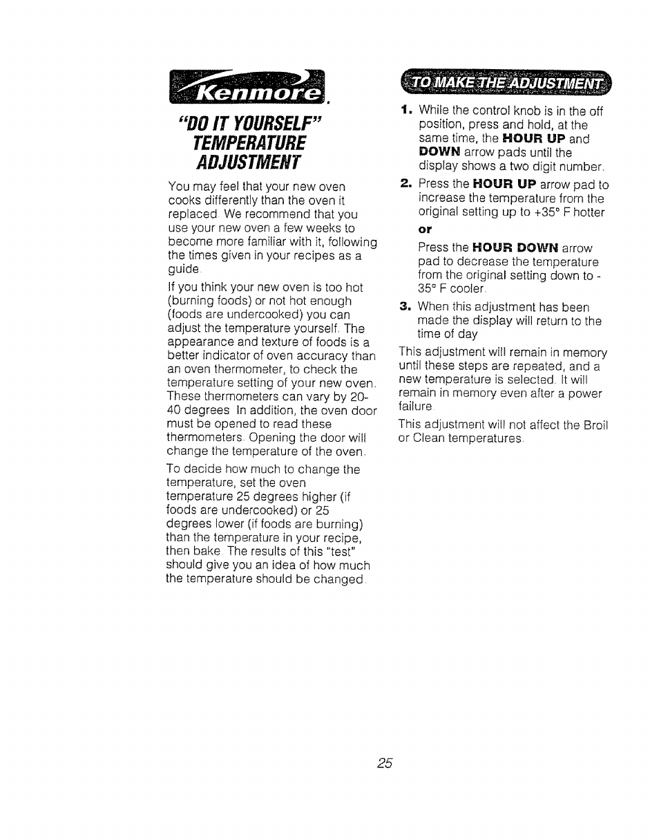 Do it yourself temperature adjustment, Kenmore | Kenmore 911.92485 User Manual | Page 25 / 28