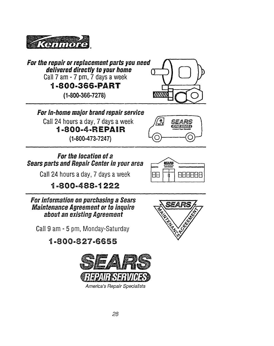 Part, Sears | Kenmore 911.92485 User Manual | Page 28 / 28