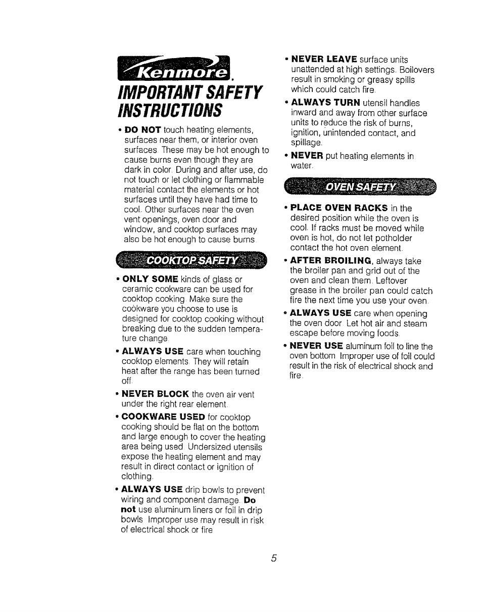 Important safety instructions, Kenmore important safety instructions | Kenmore 911.92485 User Manual | Page 5 / 28