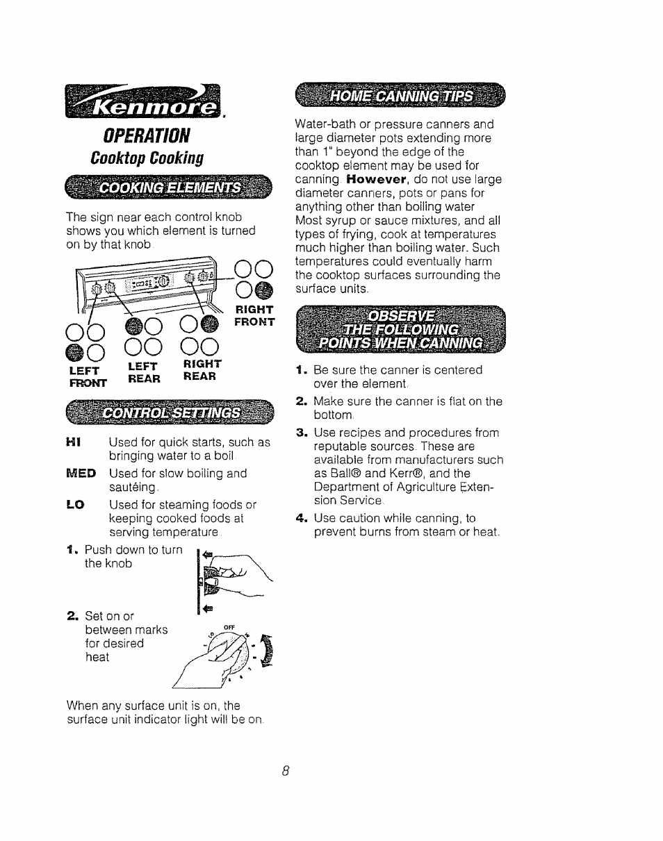 Operation, Cooktop cooking | Kenmore 911.92485 User Manual | Page 8 / 28