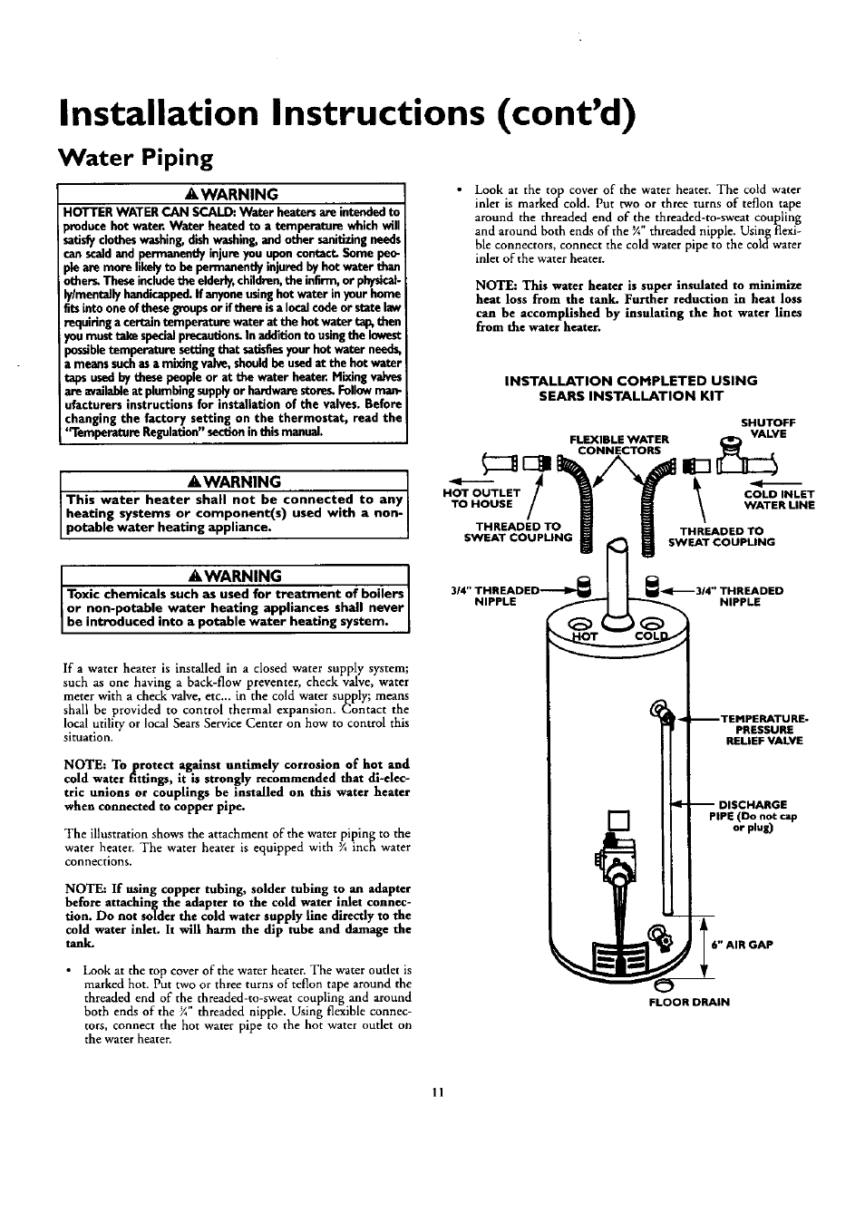 Water piping, Awarning, Installation instructions (cont’d) | Kenmore ECONOMIZER 153.332418 User Manual | Page 11 / 28