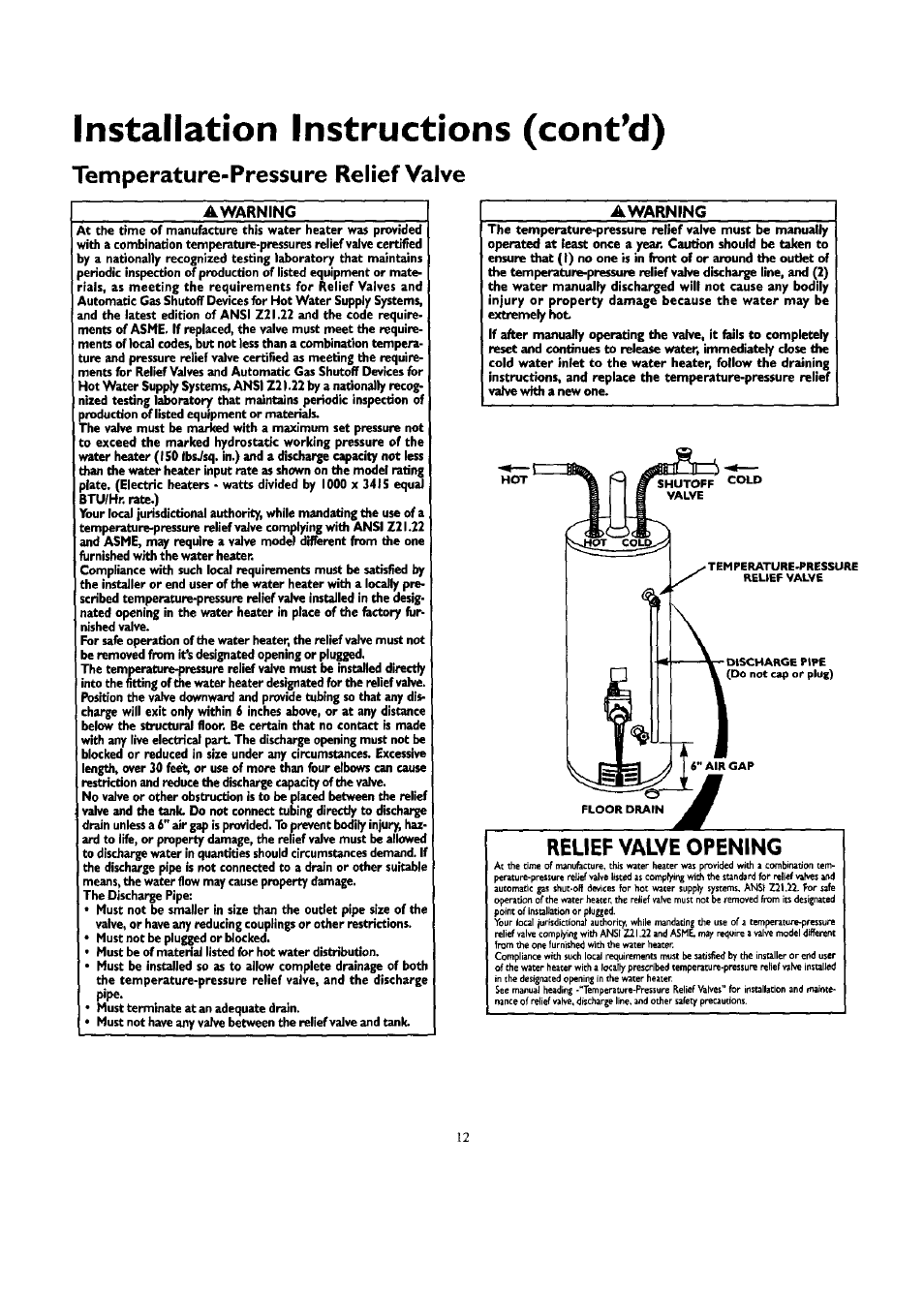 Installation instructions (cont’d), Temperature-pressure relief valve, Awarning | Installation instructions -i6, Relief valve opening | Kenmore ECONOMIZER 153.332418 User Manual | Page 12 / 28