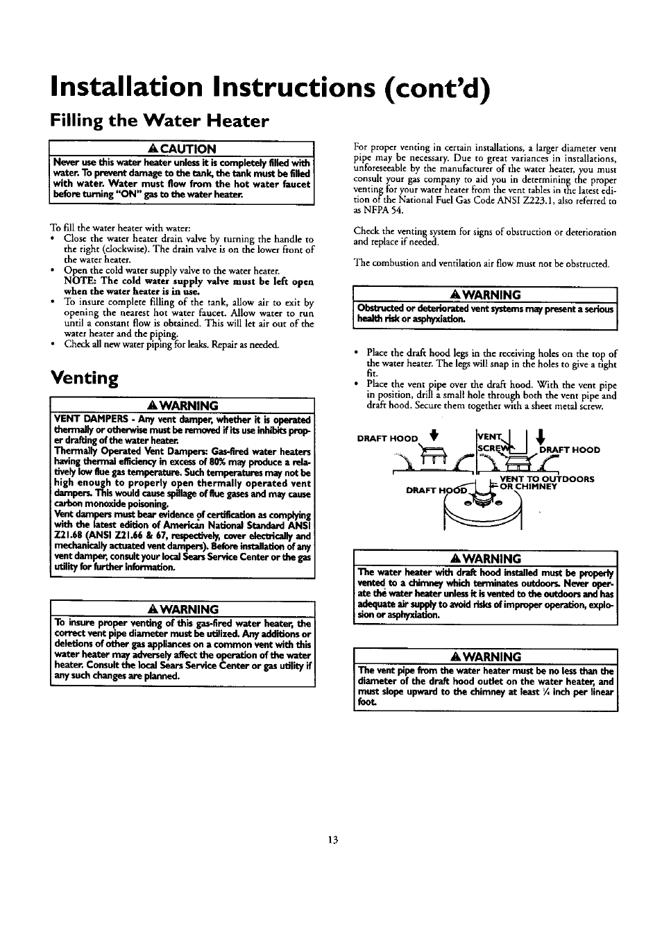 Installation instructions (cont’d), Filling the water heater, A caution | Venting, Awarning | Kenmore ECONOMIZER 153.332418 User Manual | Page 13 / 28