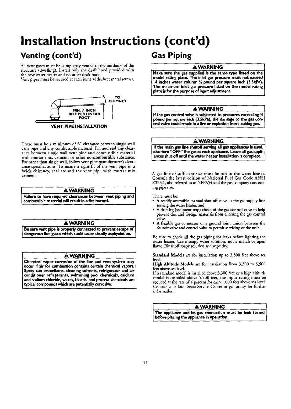 Venting (cont’d), Gas piping, Awarning | Installation instructions (cont’d) | Kenmore ECONOMIZER 153.332418 User Manual | Page 14 / 28