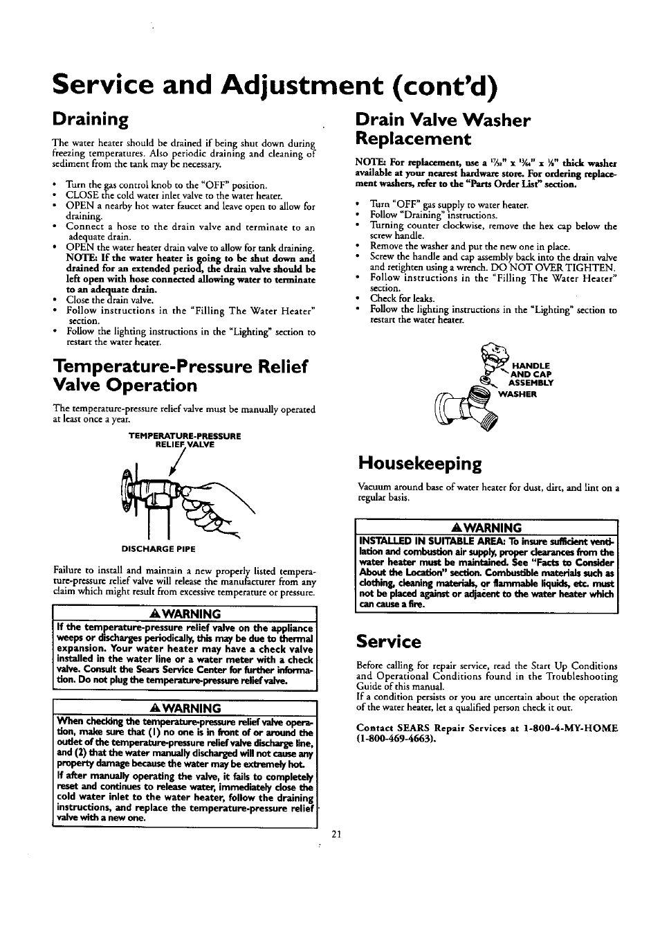 Temperature-pressure relief valve operation, Drain valve washer replacement, Housekeeping | Service, Service and adjustment (cont’d), Draining | Kenmore ECONOMIZER 153.332418 User Manual | Page 21 / 28