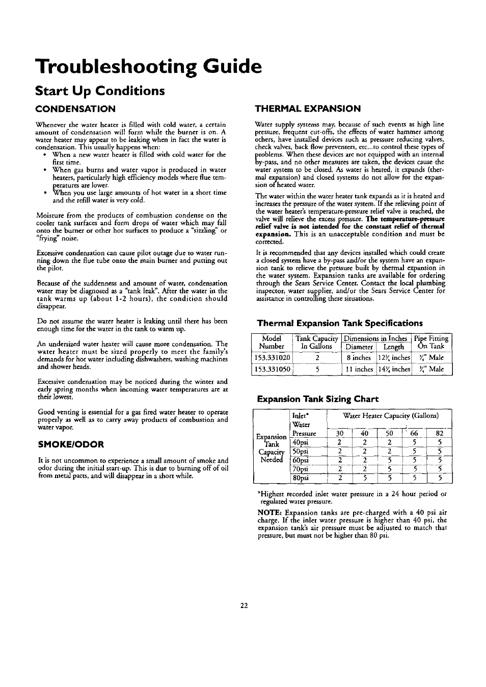 Start up conditions, Condensation, Smoke/odor | Thermal expansion, Thermal expansion tank specifications, Expansion tank sizing chart, Smoke/odor thermal expansion -23, Troubleshooting | Kenmore ECONOMIZER 153.332418 User Manual | Page 22 / 28