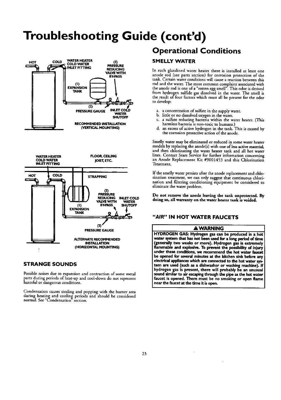 Strange sounds, Operational conditions, Smelly water | Air" in hot water faucets, Operational conditions -24, Air in hot water faucets, Troubleshooting, Cont’d) | Kenmore ECONOMIZER 153.332418 User Manual | Page 23 / 28