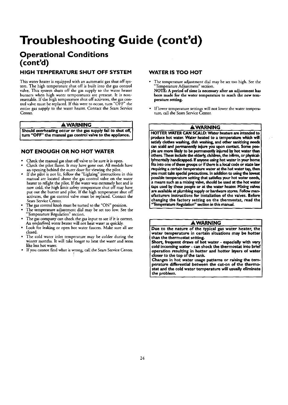 Operational conditions (cont’d), High temperature shut off system, Water is too hot | Awarning, Not enough or no hot water, Troubleshooting (cont’d) | Kenmore ECONOMIZER 153.332418 User Manual | Page 24 / 28