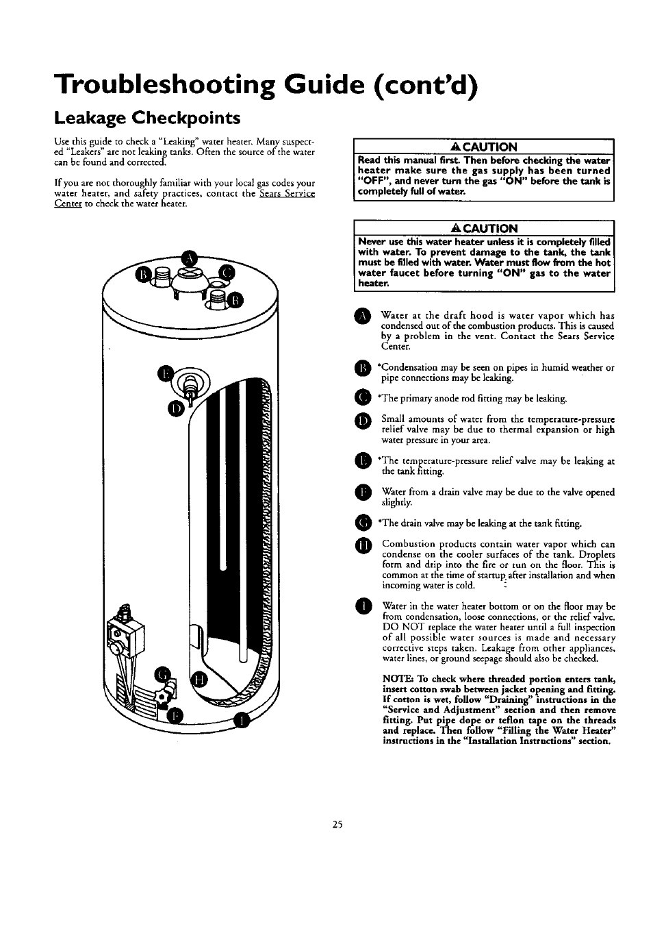 Leakage checkpoints, A caution, Troubleshooting (cont’d) | Kenmore ECONOMIZER 153.332418 User Manual | Page 25 / 28