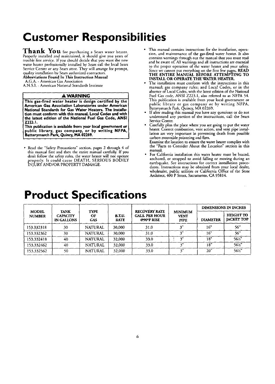 Customer responsibilities, Product specifications | Kenmore ECONOMIZER 153.332418 User Manual | Page 6 / 28