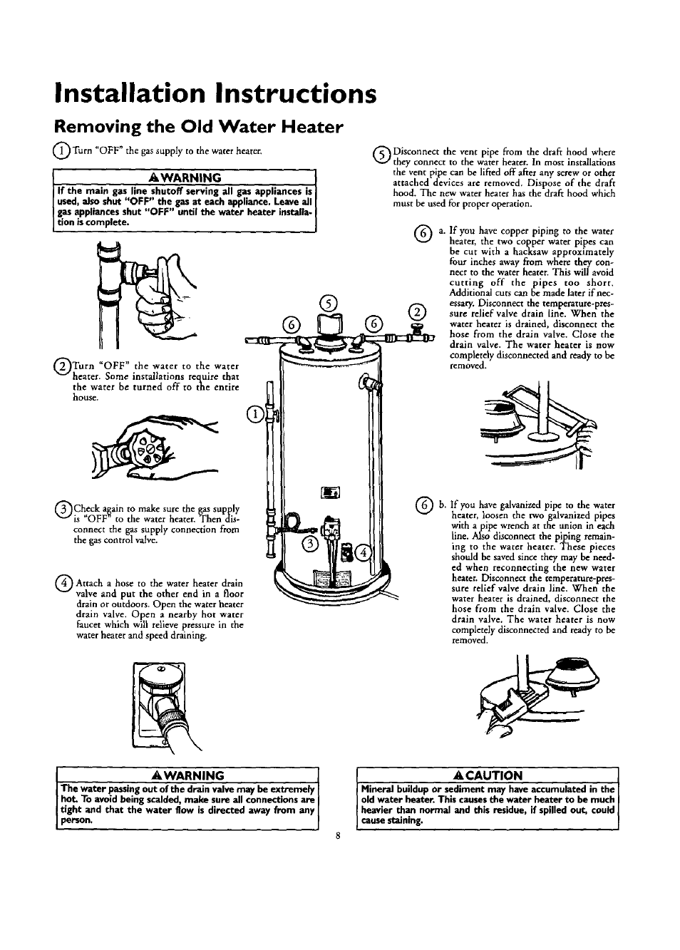 Removing the old water heater, Awarning, Installation instructions | Kenmore ECONOMIZER 153.332418 User Manual | Page 8 / 28