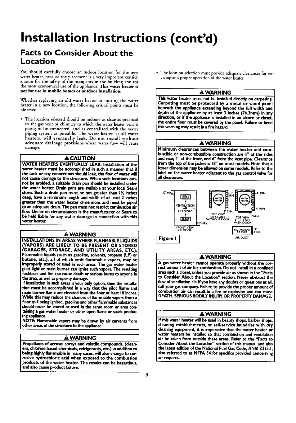 A caution, Awarning, Facts to consider about the location | Installation instructions (cont’d) | Kenmore ECONOMIZER 153.332418 User Manual | Page 9 / 28