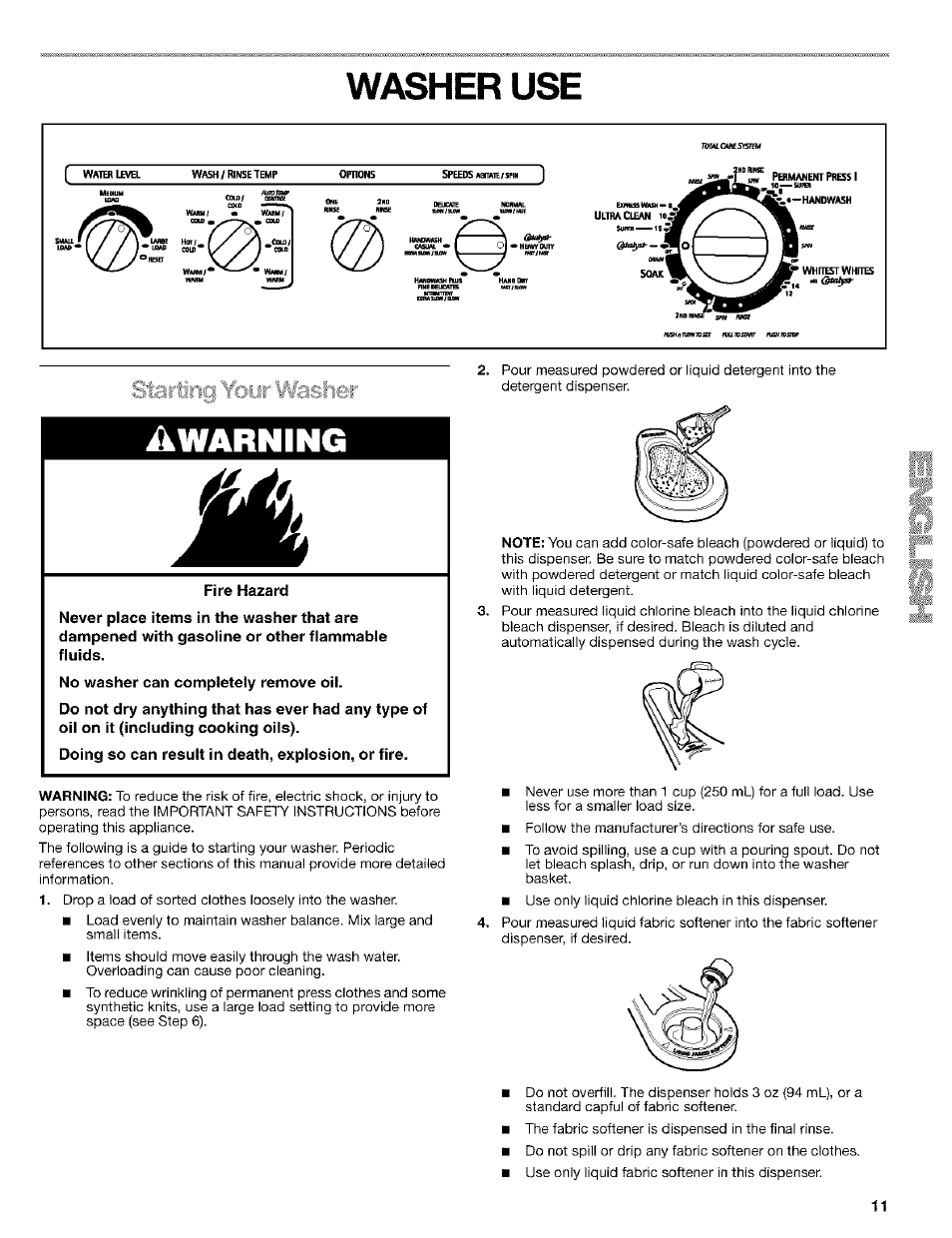 Washer use, A warning | Kenmore 110. 2404# User Manual | Page 11 / 56