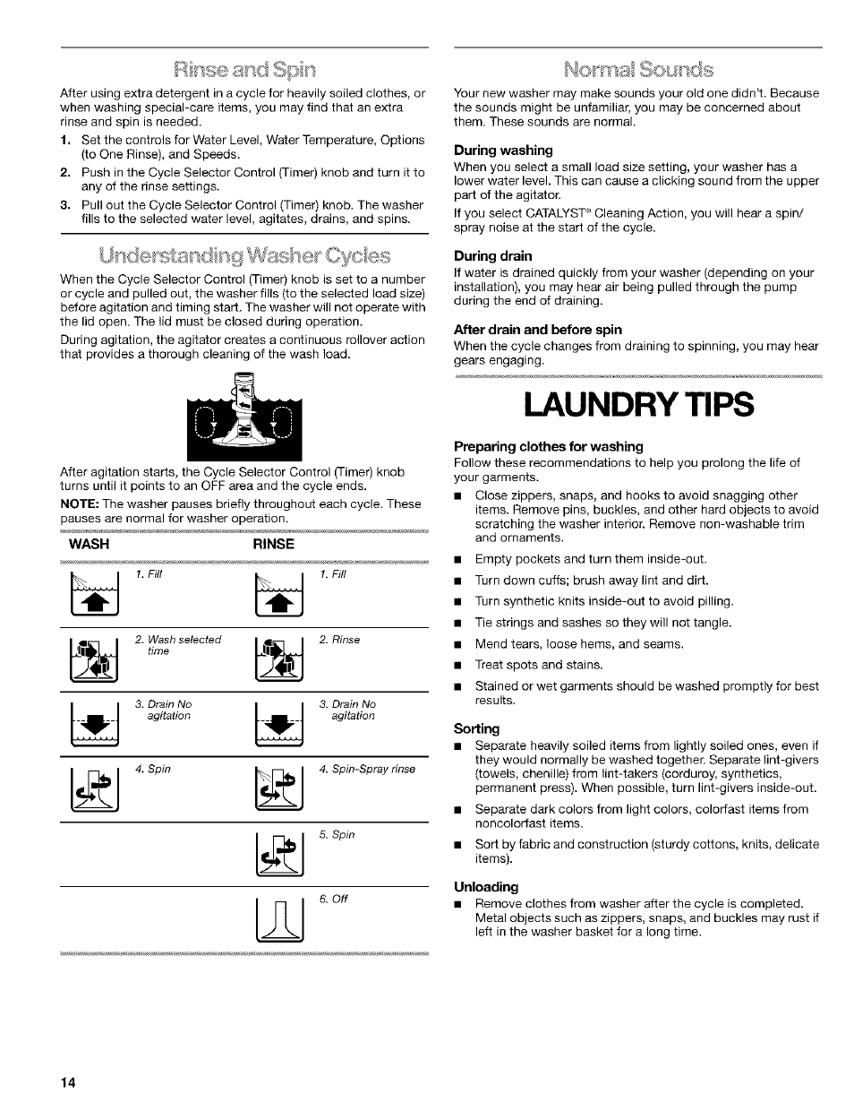 Wash, Rinse, During washing | During drain, After drain and before spin, Laundry tips, Preparing clothes for washing, Sorting, Unloading | Kenmore 110. 2404# User Manual | Page 14 / 56