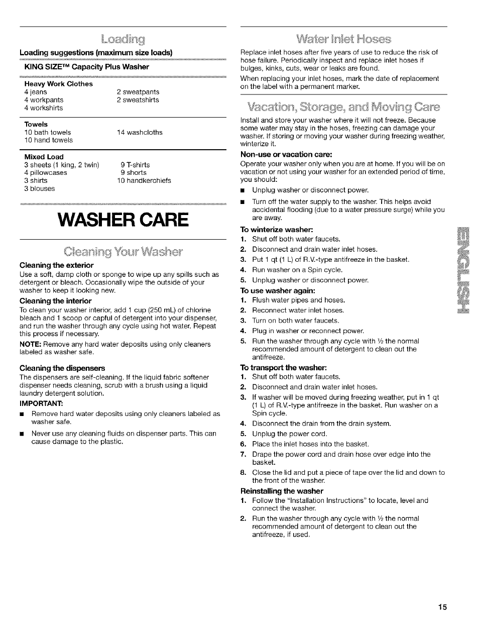 Cleaning the dispensers, To winterize washer, Washer care | Cleaning ¥bor¥lfastier, Vllater inliït hoses, L/îîcîeltlcjrtÿ siorsllfij 3ncj wicjvliic| cj'êir | Kenmore 110. 2404# User Manual | Page 15 / 56