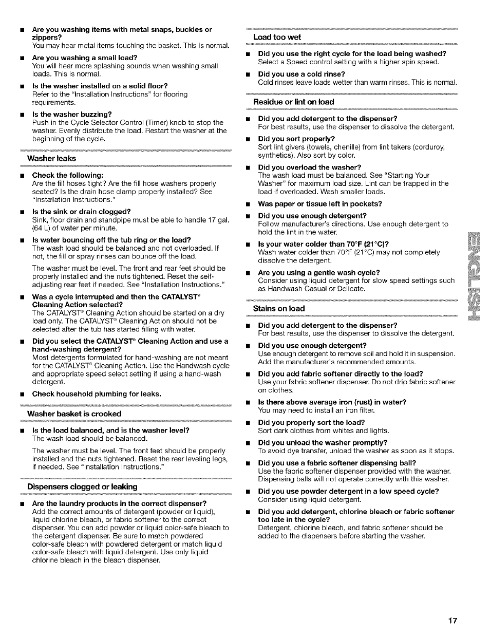 Washer leaks, Washer basket is crooked, Dispensers clogged or leaking | Load too wet, Residue or lint on load, Stains on load | Kenmore 110. 2404# User Manual | Page 17 / 56