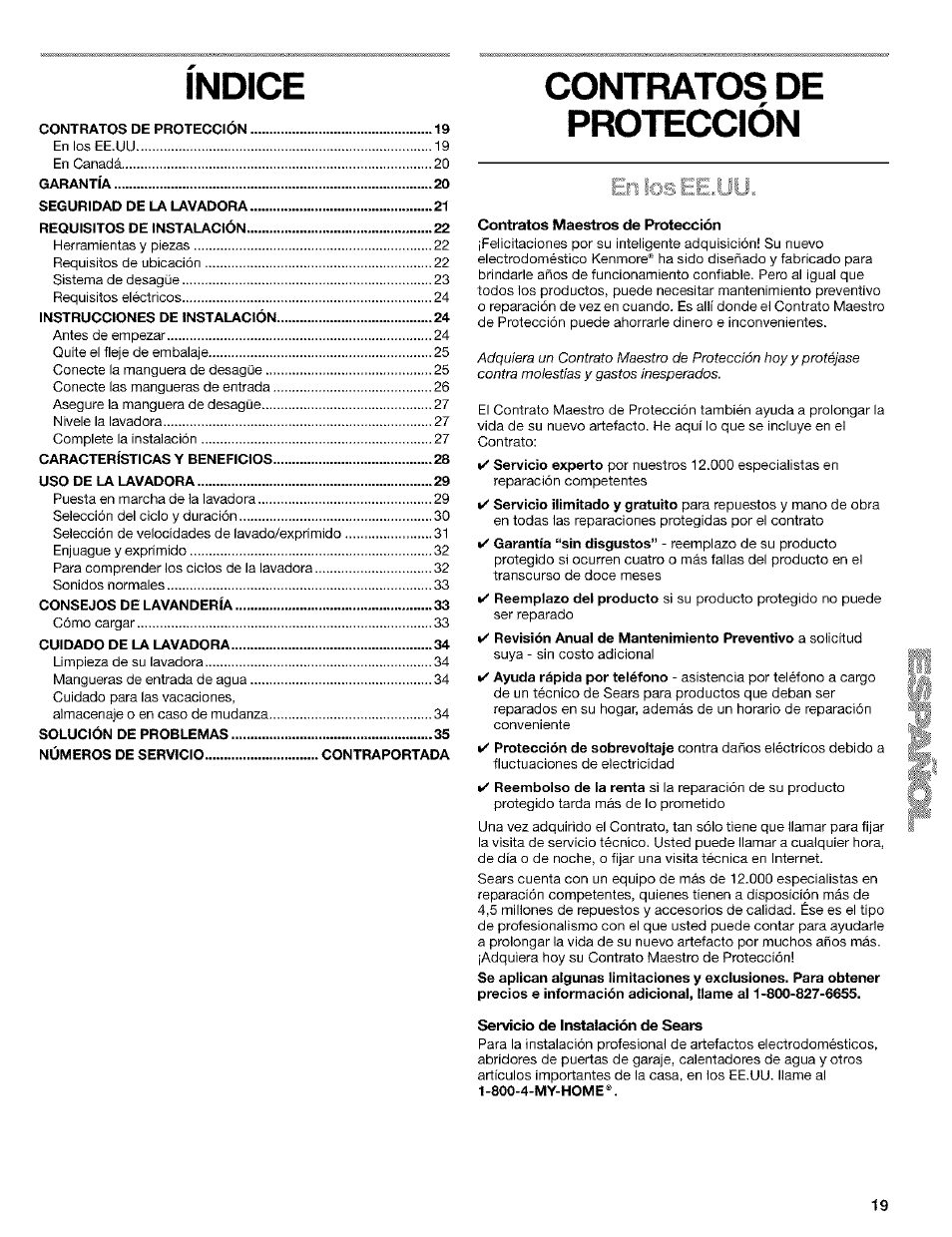 Indice, Contratos de protección, Contratos maestros de protección | Servicio de instalación de sears | Kenmore 110. 2404# User Manual | Page 19 / 56