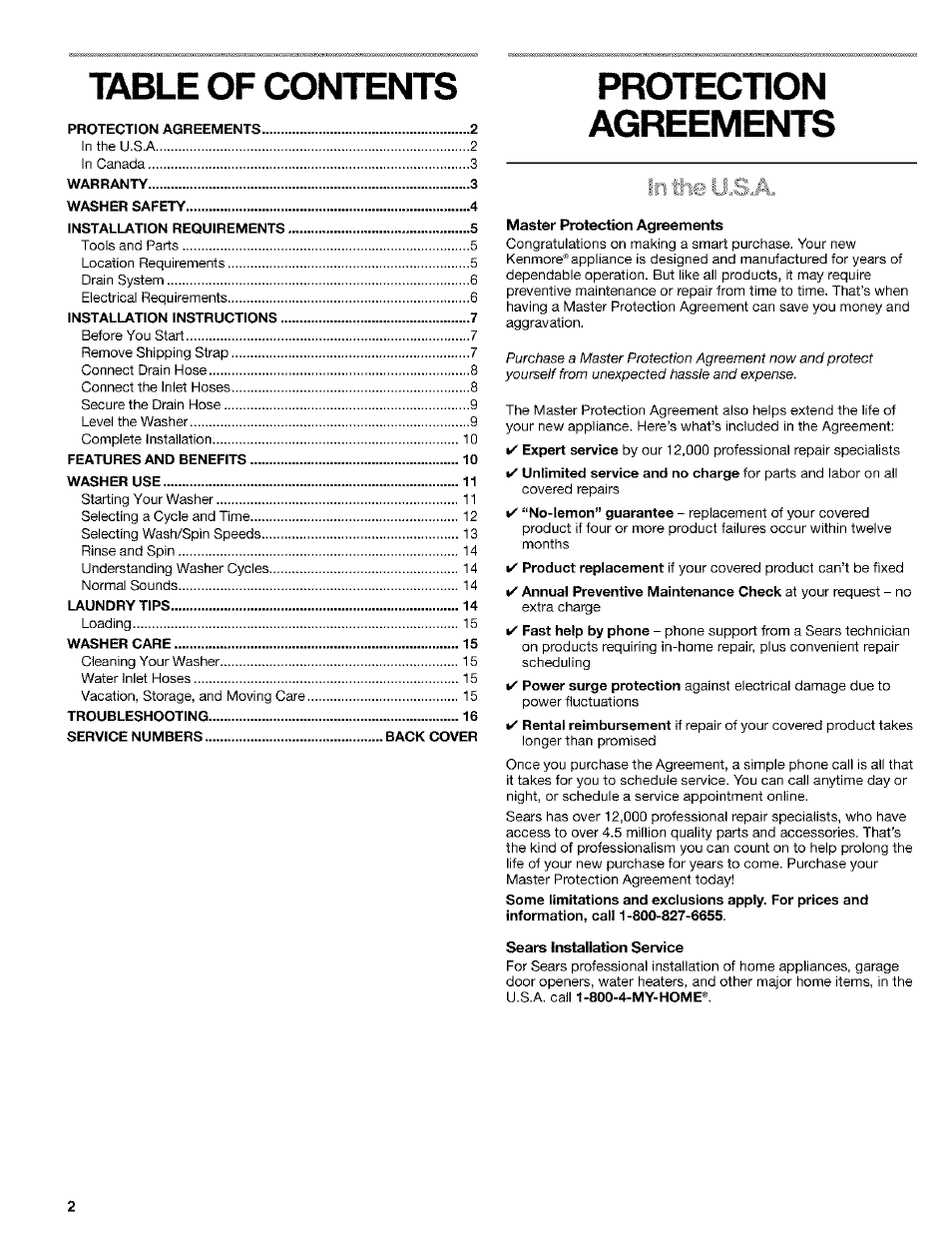 Protection, Sears installation senrice, Table of contents protection | Agreements | Kenmore 110. 2404# User Manual | Page 2 / 56