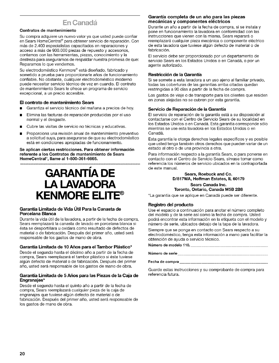 El contrato de mantenimiento sears, Garantia de kenmo, Restricción de la garantía | Servicio de reparación de la garantía, Registro del producto, Siri | Kenmore 110. 2404# User Manual | Page 20 / 56