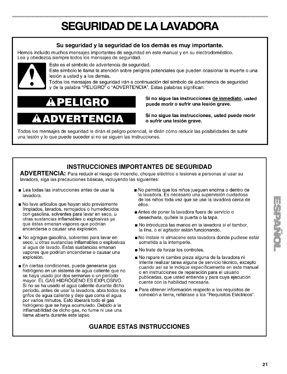 Seguridad de la lavadora, Guarde estas instrucciones, Apeligro | Aadvertencia | Kenmore 110. 2404# User Manual | Page 21 / 56