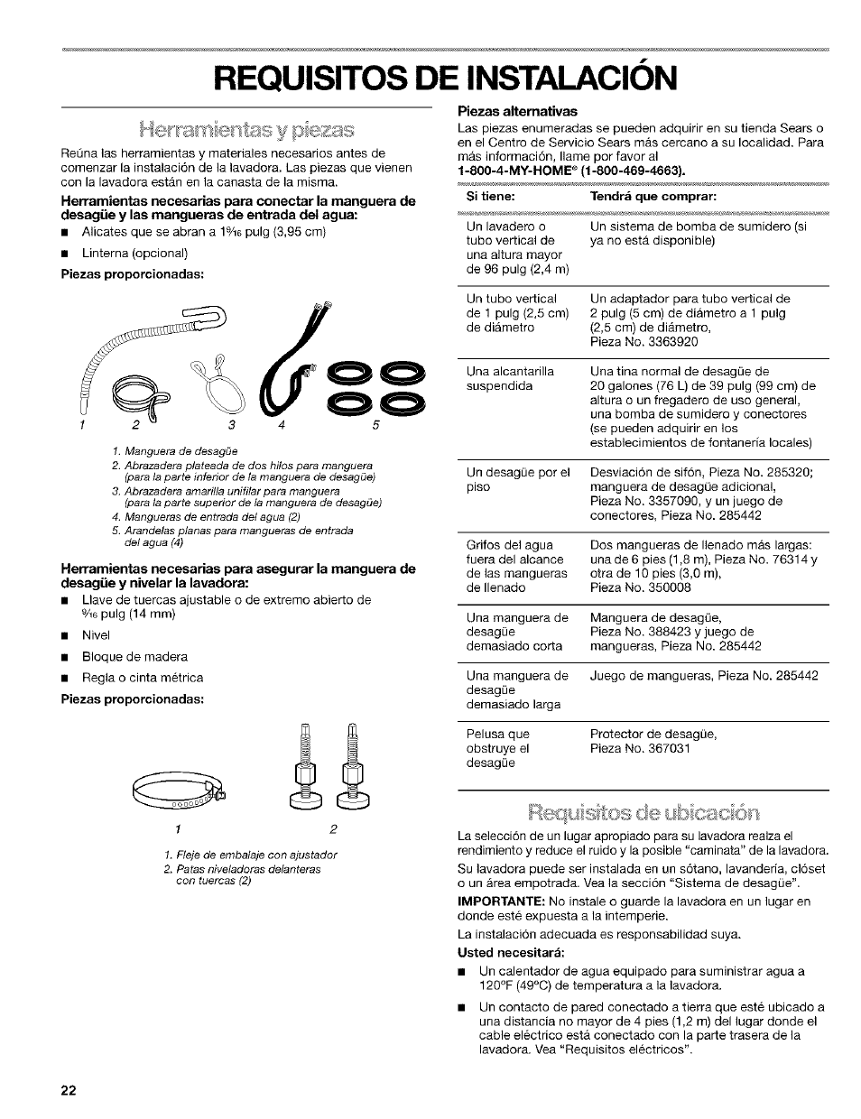 Requisitos de instalacion, Piezas alternativas, Rteqijisiici .■ ■ ■ ■ .■ .. ■ :licaaoii | Kenmore 110. 2404# User Manual | Page 22 / 56