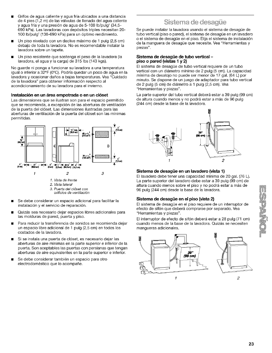 Instalación en un área empotrada o en un clóset, Sistema de desagüe en un lavadero (vista 1), Sistema de desagüe en el piso (vista 2) | Kenmore 110. 2404# User Manual | Page 23 / 56