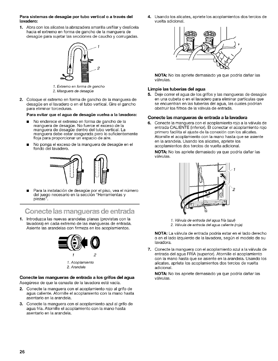 Limpie las tuberías del agua, Conecte las mangueras de entrada a la lavadora, Conecte las mangueras de entrada | Kenmore 110. 2404# User Manual | Page 26 / 56