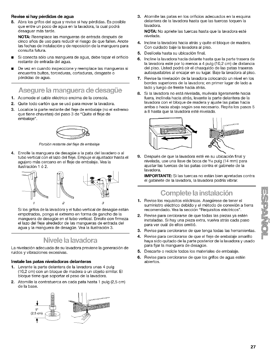 Revise si hay pérdidas de agua, Instale las patas niveladoras delanteras, Iiji | Kenmore 110. 2404# User Manual | Page 27 / 56