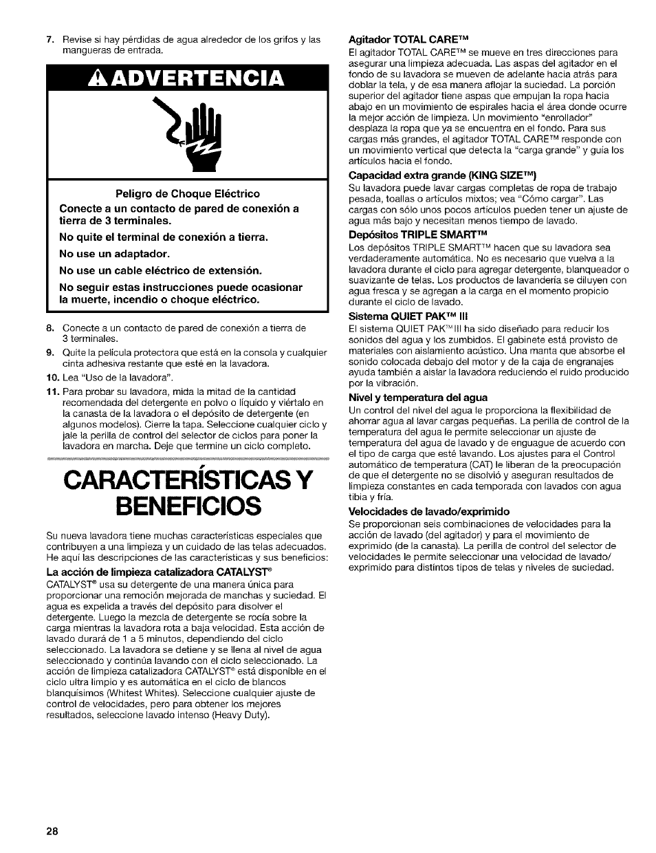 0ara0teristi0a3 y beneficios, Agitador total care, Características y beneficios | A advertencia | Kenmore 110. 2404# User Manual | Page 28 / 56