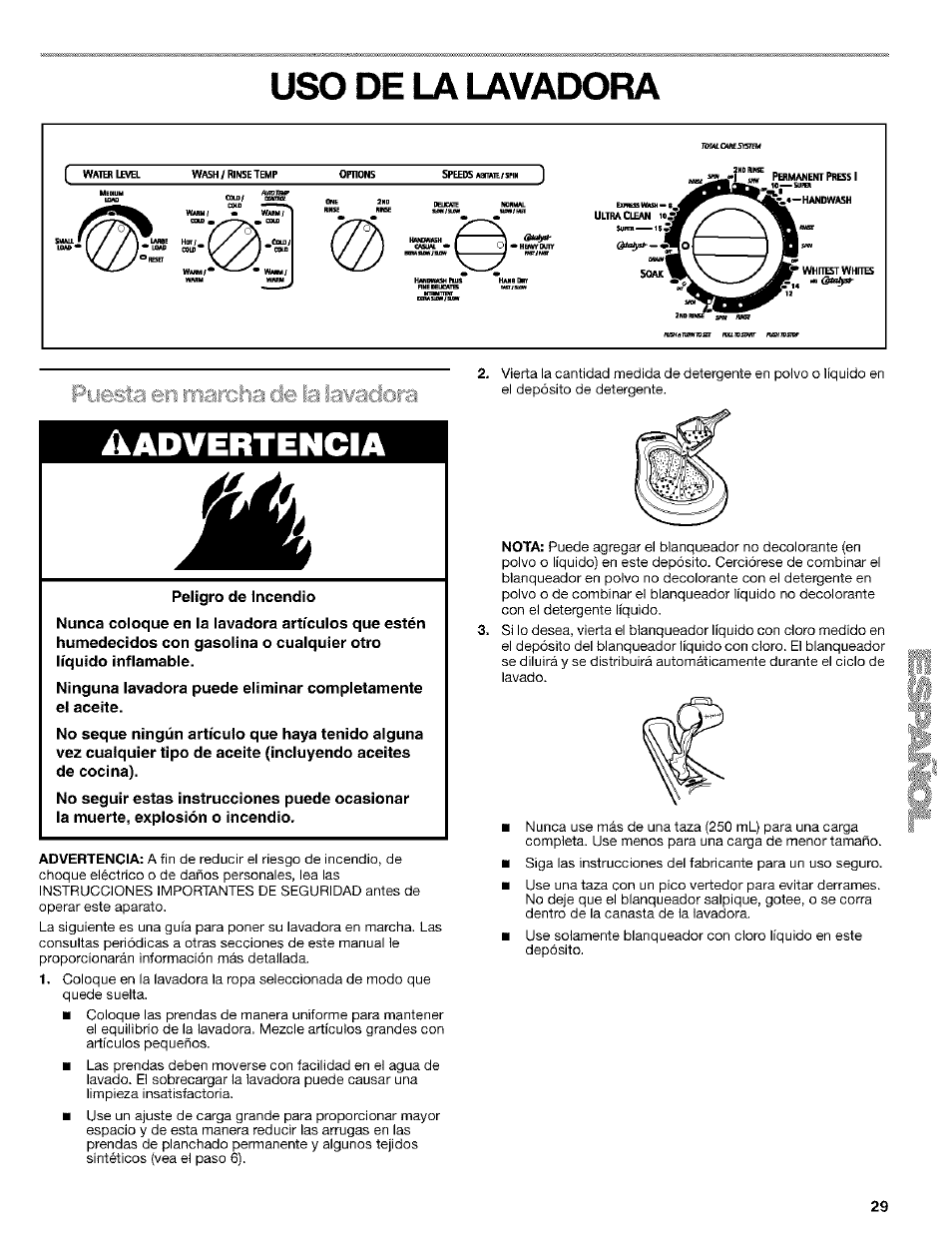 Uso de la lavadora, De la lavadora, Aadvertencia | Ij€ìsta €»n a./ ■■ i-.^aaclora | Kenmore 110. 2404# User Manual | Page 29 / 56