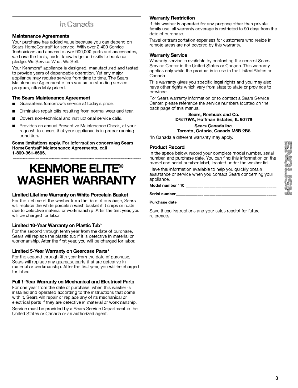 Maintenance agreements, Hie sears maintenance agreement, Kenmore elitp washer warranty | Limited 10-year warranty on plastic tub, Limited 5-year warranty on gearcase parts, Warranty restriction, Warranty service, Product record | Kenmore 110. 2404# User Manual | Page 3 / 56