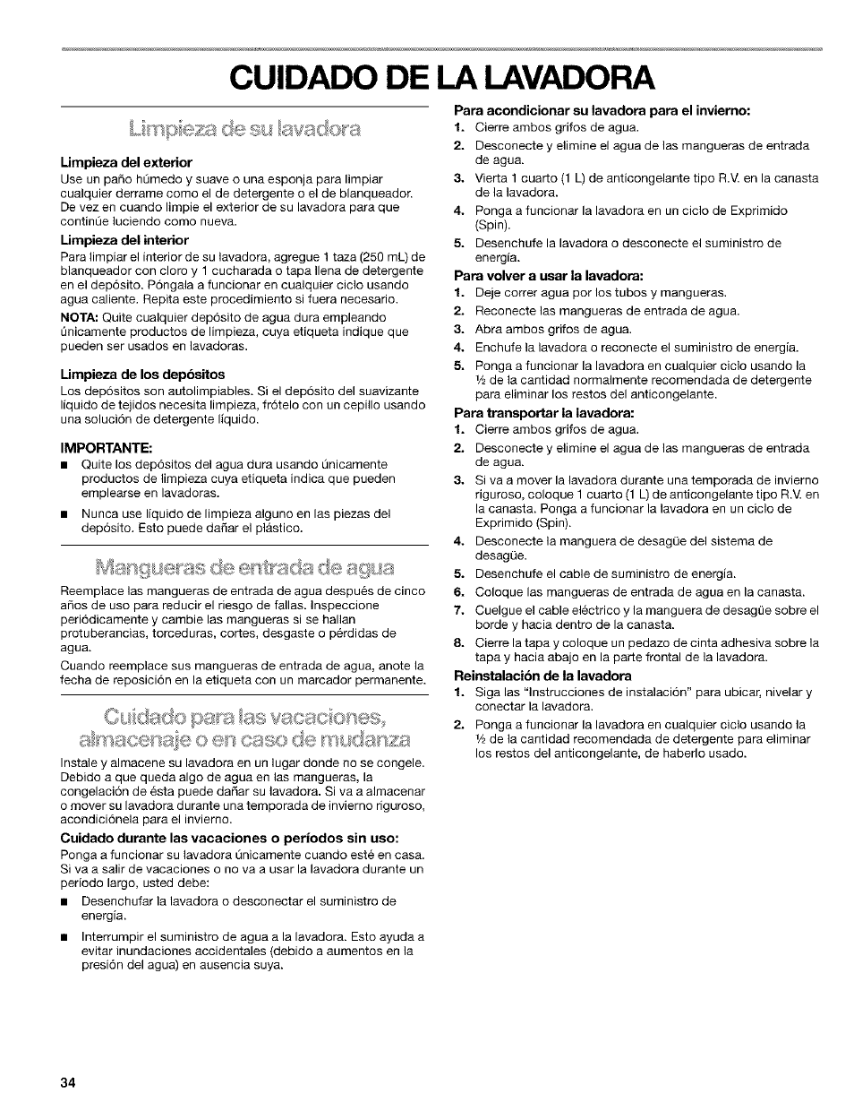 Cuidado de la lavadora, Limpieza del exterior, Limpieza de los depósitos | Importante, Para acondicionar su lavadora para el invierno | Kenmore 110. 2404# User Manual | Page 34 / 56