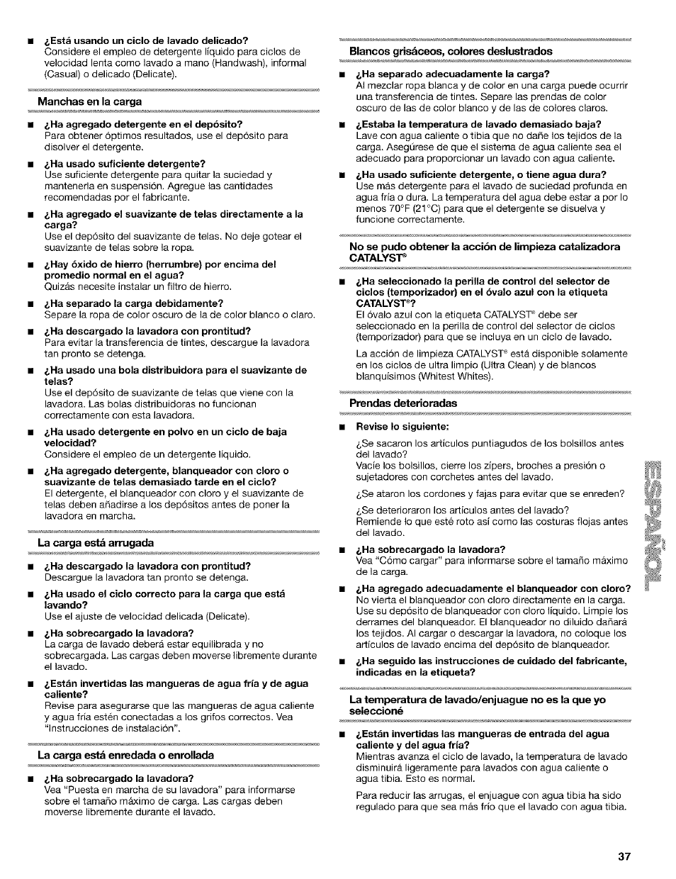 Manchas en la carga, La carga está arrugada, La carga está enredada o enrollada | Blancos grisáceos, colores deslustrados, Prendas deterioradas | Kenmore 110. 2404# User Manual | Page 37 / 56