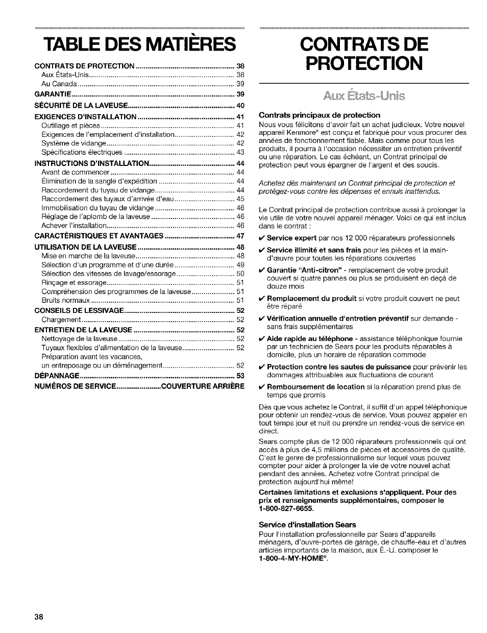 Table des matieres, Contrats de protection, Contrats principaux de protection | Service d'installation sears | Kenmore 110. 2404# User Manual | Page 38 / 56