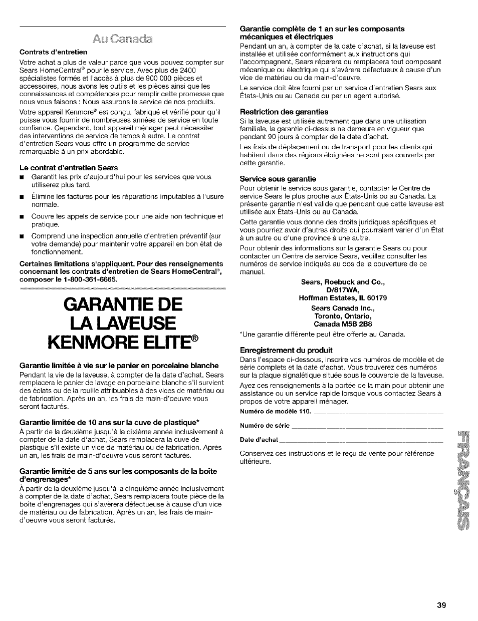 Le contrat d’entretien sears, Garantie de, Restriction des garanties | Service sous garantie, Enregistrement du produit, Garantie, Garantie de kenmore elite | Kenmore 110. 2404# User Manual | Page 39 / 56