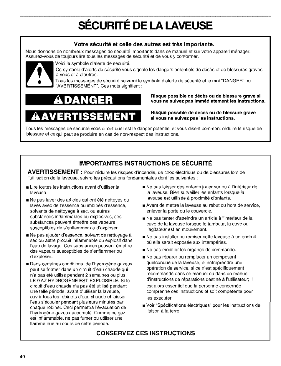 Securite de la laveuse, Sécurité de la laveuse, Danger | Avertissement | Kenmore 110. 2404# User Manual | Page 40 / 56