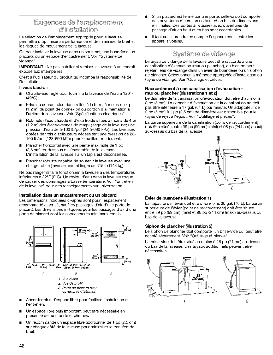 Installation dans un encastrement ou un placard, Évier de buanderie (illustration 1), Siphon de plancher (illustration 2) | Kenmore 110. 2404# User Manual | Page 42 / 56