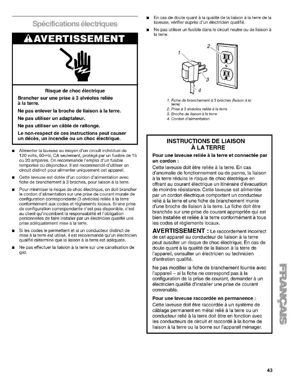 Risque de choc électrique, A avertissement | Kenmore 110. 2404# User Manual | Page 43 / 56