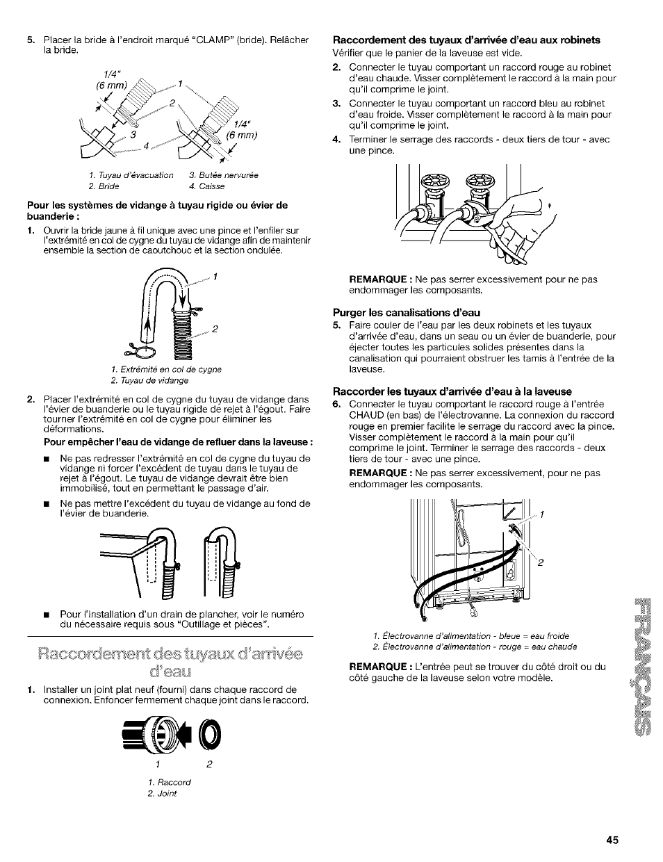 Purger les canalisations d’eau, Raccorder les tuyaux d’arrivée d’eau à la laveuse, Raccordement des tuyaux d’arrivée d’eau | Kenmore 110. 2404# User Manual | Page 45 / 56